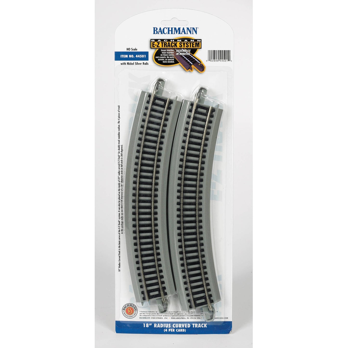 BACHMANN TRAINS HO SCALE 18 RADIUS CURVED NICKEL SILVER E-Z TRACK - 4 PACK