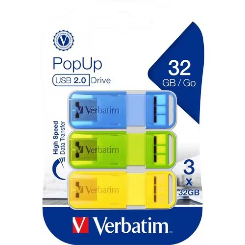 VERBATIM POP-UP USB 2.0 32GB TRIPLE PACK - ASSORTED BRIGHT COLOURS - 5489821
