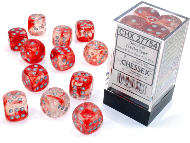 CHESSEX NEBULA 16MM D6 RED/SILVER LUMINARY BLOCK (12) - CHX27754