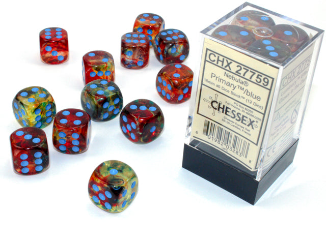 CHESSEX NEBULA 16MM D6 PRIMARY/BLUE LUMINARY DICE(12) - CHX27759