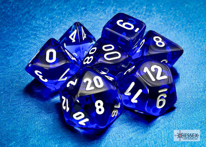 CHESSEX TRANSLUCENT POLYHEDRAL BLUE/WHITE 7-DIE SET - CHX23076