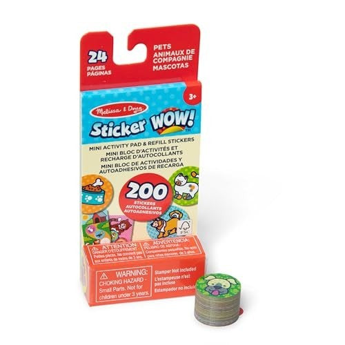 MELISSA & DOUG STICKER WOW! MINI ACTIVITY PAD AND 200+ REFILL STICKERS FOR STICKER STAMPER ARTS AND CRAFTS FIDGET TOY COLLECTIBLES - PETS STICKERS