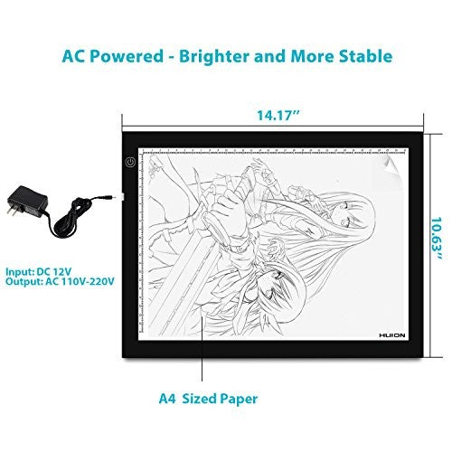 HUION A4 LED Light Pad Tracing Light Box Adjustable Brightness AC Powered - 12.2x8.27 Inch - HU-A4