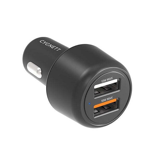 CYGNETT CARPOWER 30W CAR CHARGER DUAL PORT USB-A 12W & 18W QC 3.0 - 