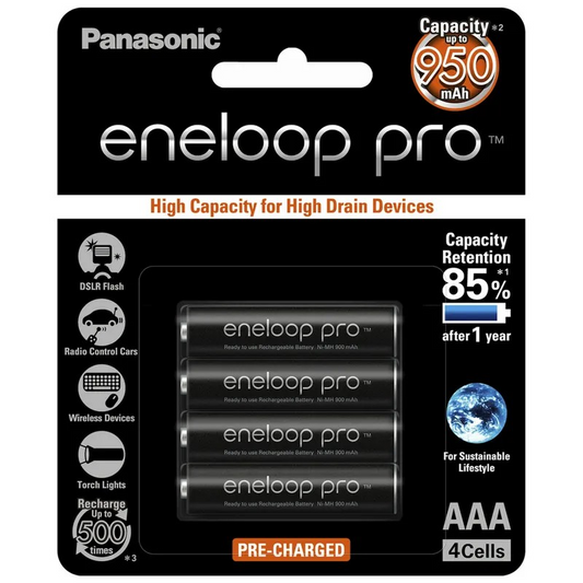 4 PACK AAA PANASONIC ENELOOP PRO 950MAH HIGH CAPACITY RECHARGEABLE BATTERIES - SB2938