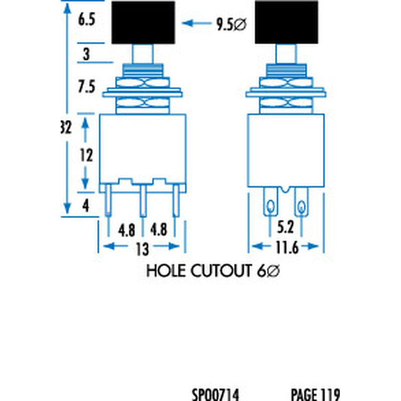 SW PB MOMENTARY DPDT 125V 3A - SP0714