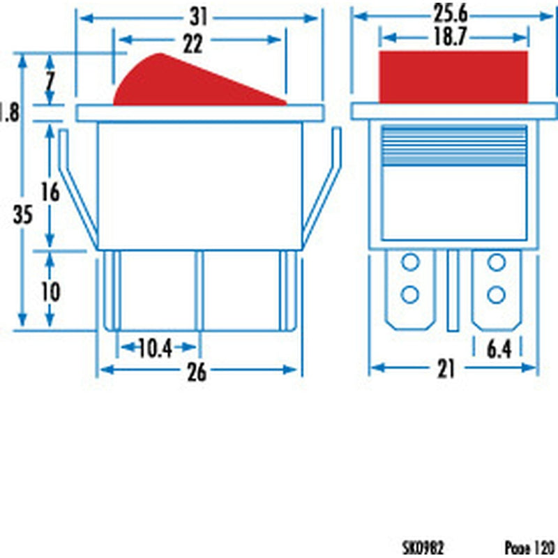 SWITCH ROCKER DPDT 15A@250VAC RED 51TYPE - SK0982