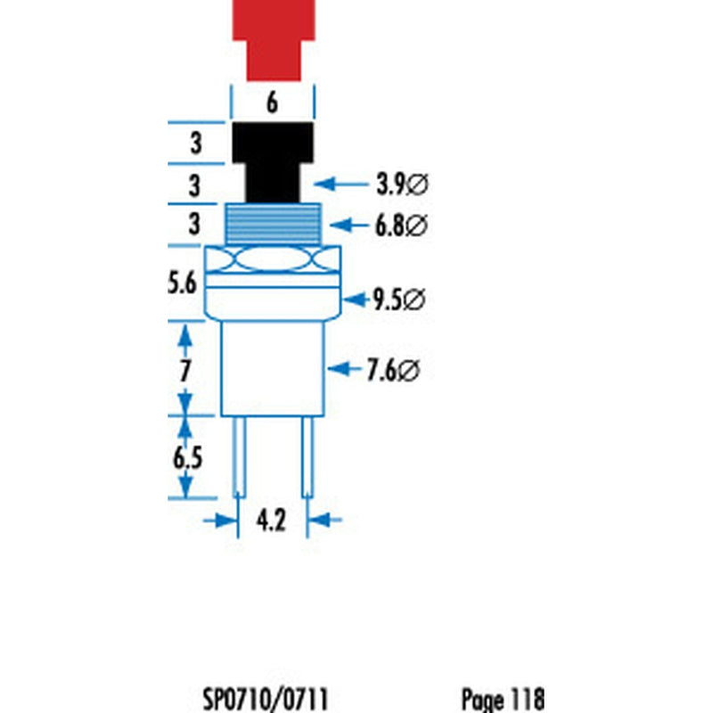 SWITCH PUSH MINI MOM SPST RND RED 125VAC - SP0710