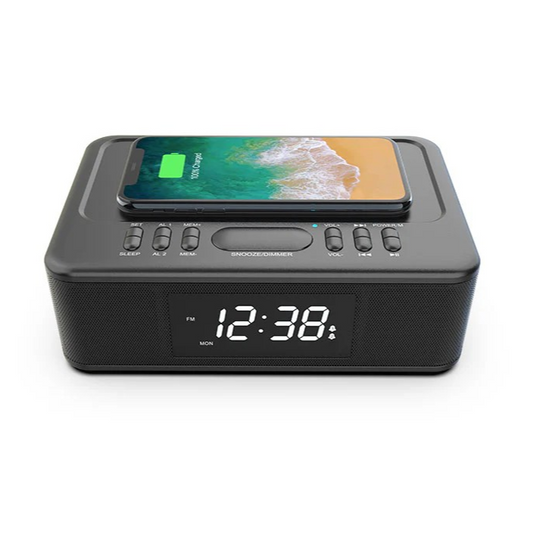 LENOXX 2IN1 10W WIRELESS FAST CHARGING BLUETOOTH/FM RADIO ALARM CLOCK W/ USB/AUX - CRW30