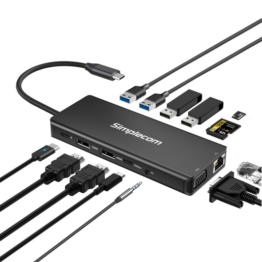 SIMPLECOM CHN613 USB-C 13-IN-1 MULTIPORT DOCKING STATION DUAL HDMI + VGA TRIPLE DISPLAY USB 3.2 GEN 2 10GBPS - HXSI-CHN613