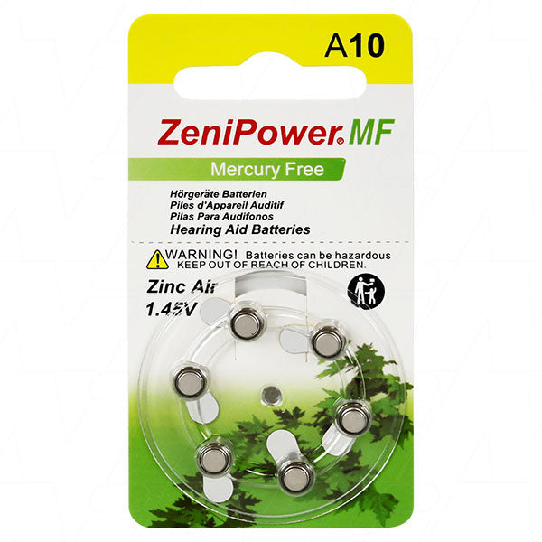 -A10-D6-MF 95mAh 1.45V Hearing Aid Zinc Air Batteries - Pack of 6 - 50006010