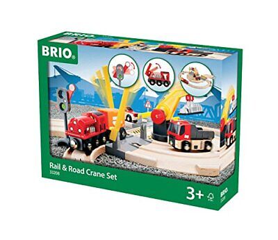 BRIO 26 Piece Rail & Road Crane Set Wooden Tracks and Vehicles - 33208