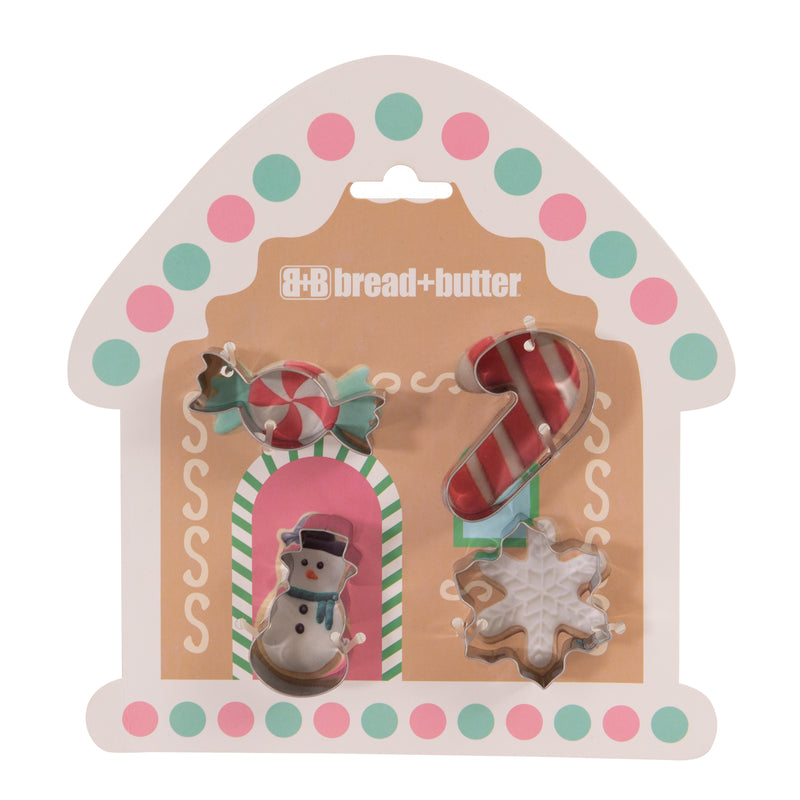 Bread and Butter Cookie Cutter - House, Snowman, Snowflake, Candy Cane - 4 Pk